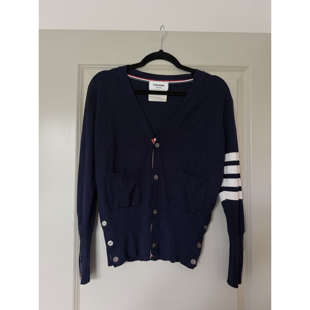 Thom Browne Classic V Neck 4 Bar Cotton Cardigan Sweater Navy Men's Size 4 Large